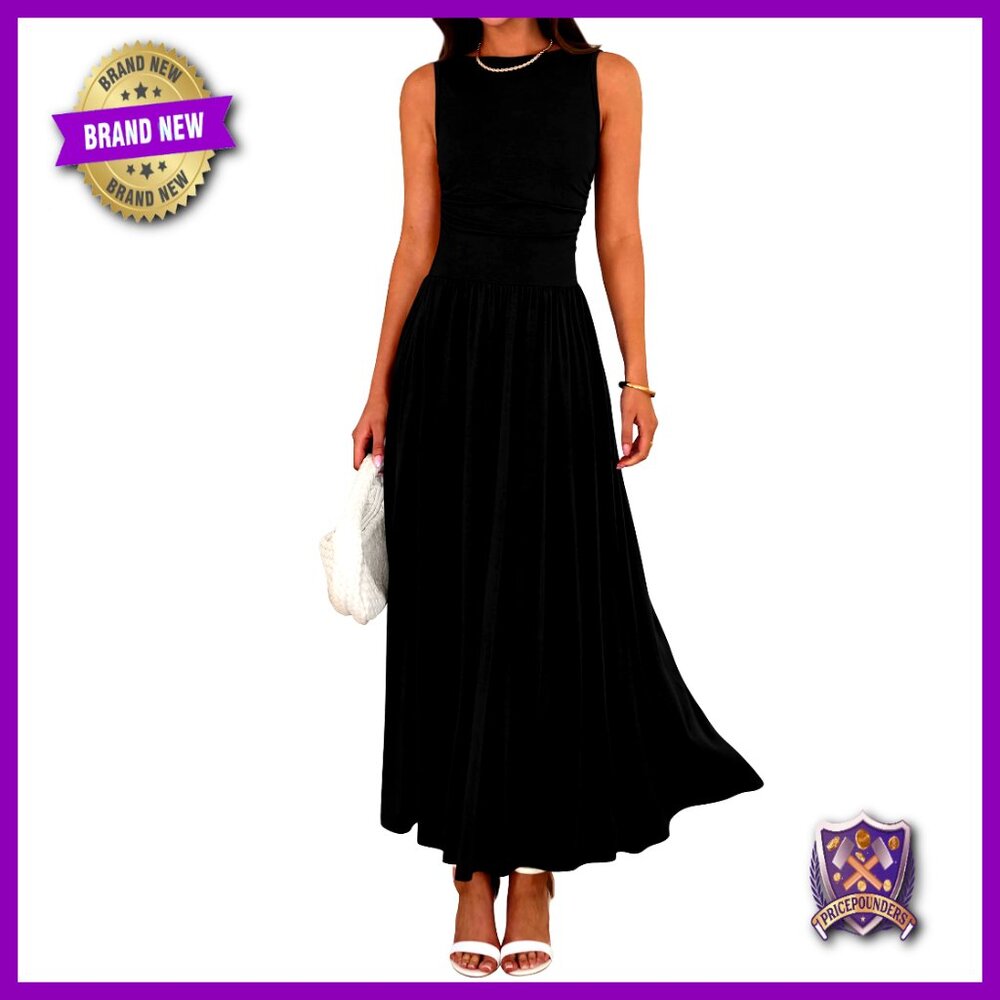 Sleeveless Ruched Maxi Dress High Waisted Casual Summer Beach Sundress